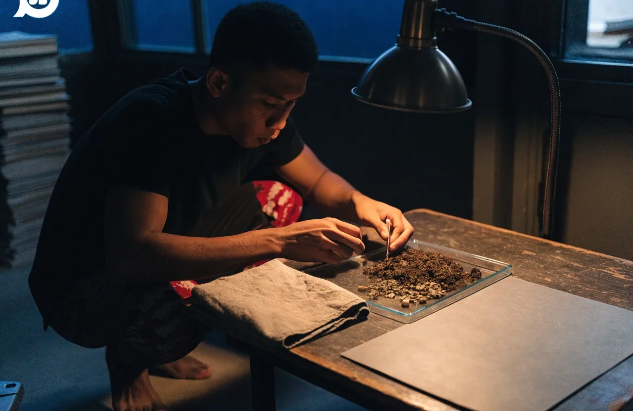 A dim desk at night with a matte board, a glass tray of dried botanical material and one blank ruled card