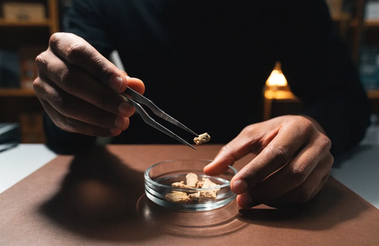 A shallow glass dish of dried maca root pieces on a matte board under a warm desk lamp