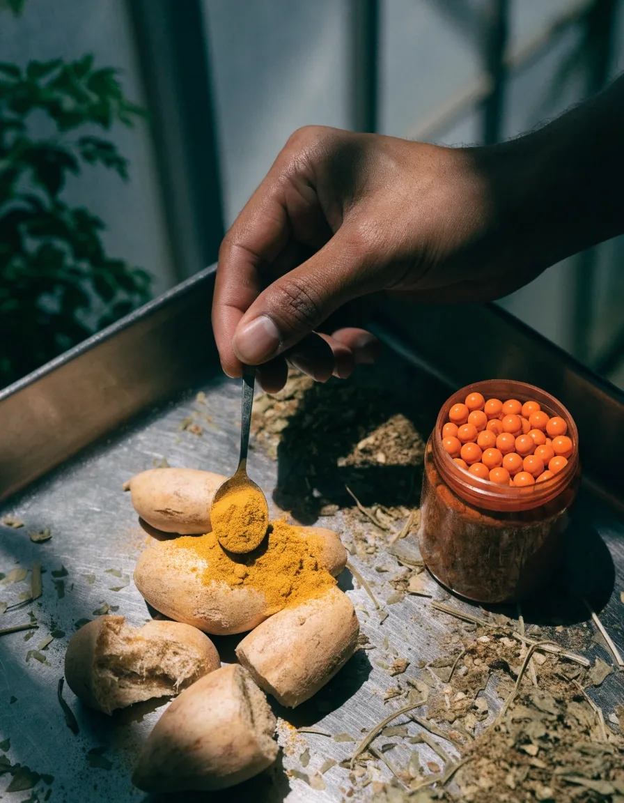 A small glass dish of pale tablets and dried botanical pieces on a matte board