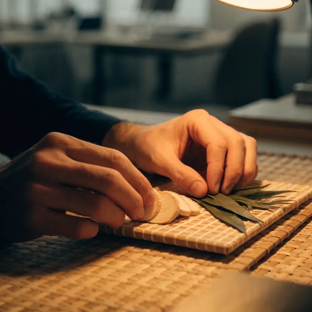 A glass dish of dried botanical ingredients and a folded cloth on a matte specimen plate