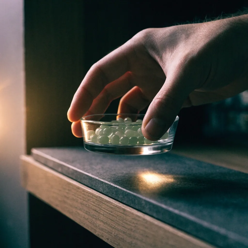 A matte dark board holding a glass dish of pale green capsules and a folded strip of blank paper in low warm light