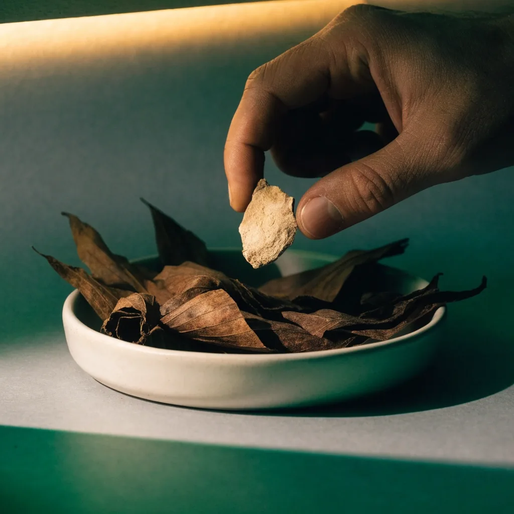A dried maca root and saw palmetto fronds on a matte grey board under warm low light