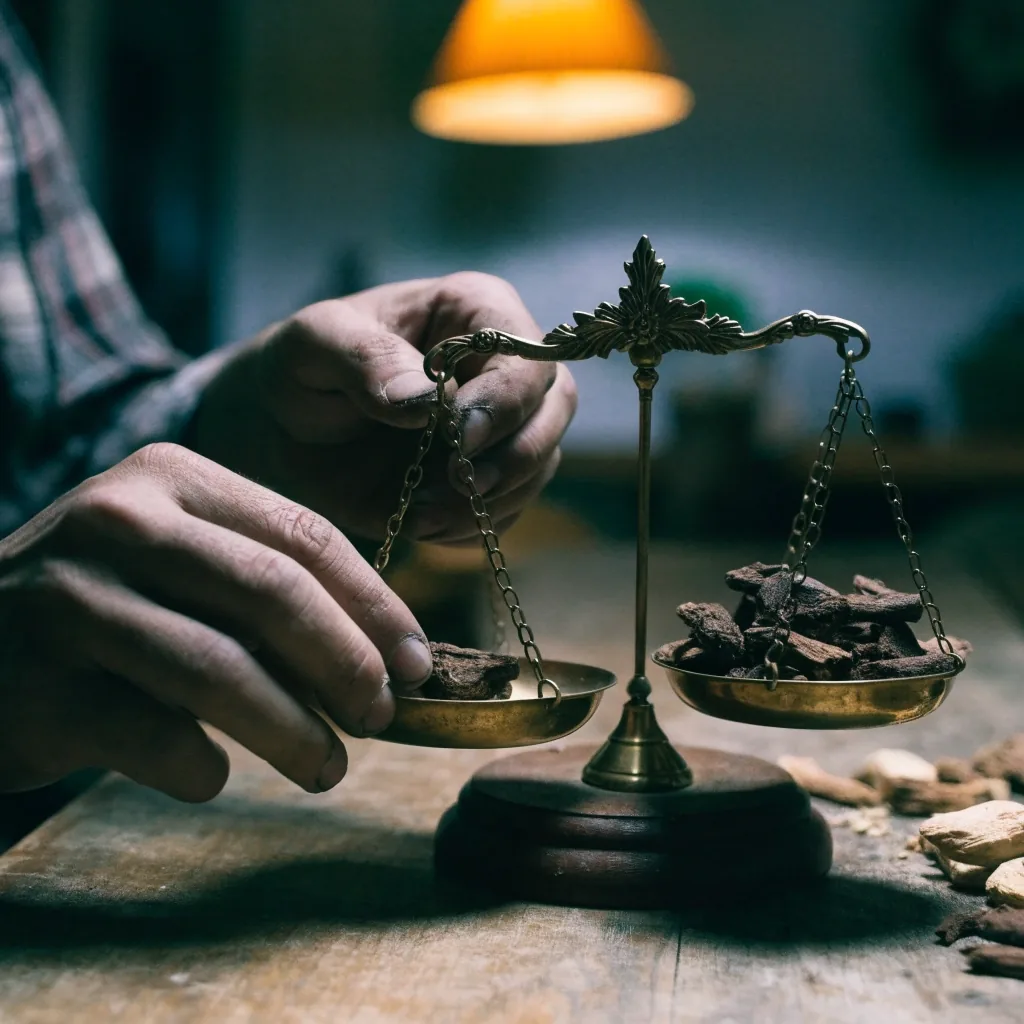 Hands sorting dried botanical root pieces into shallow trays on a matte dark surface in warm and cool light