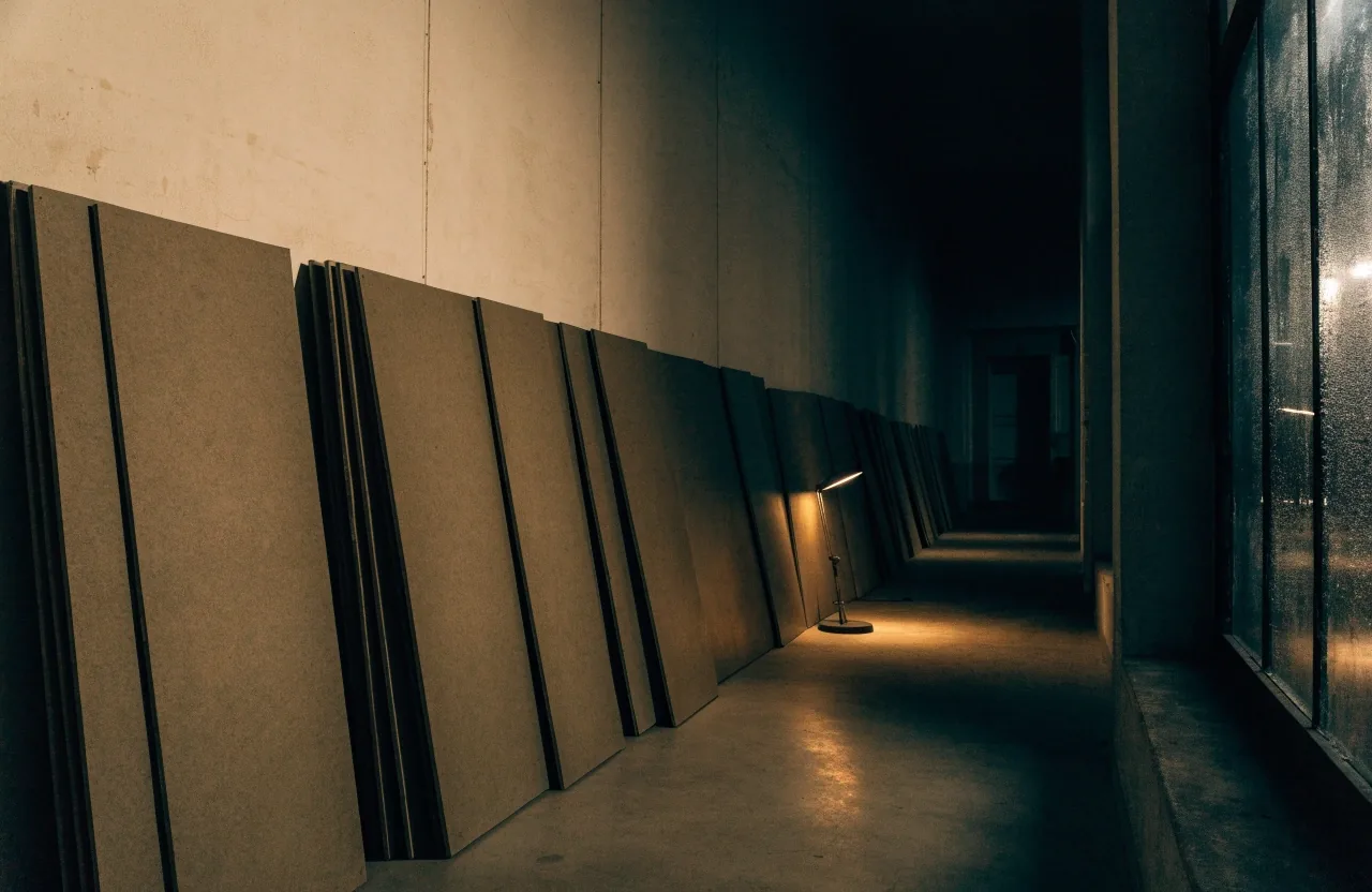 A dim preparation corridor at night with blank matte boards leaning against a pale wall