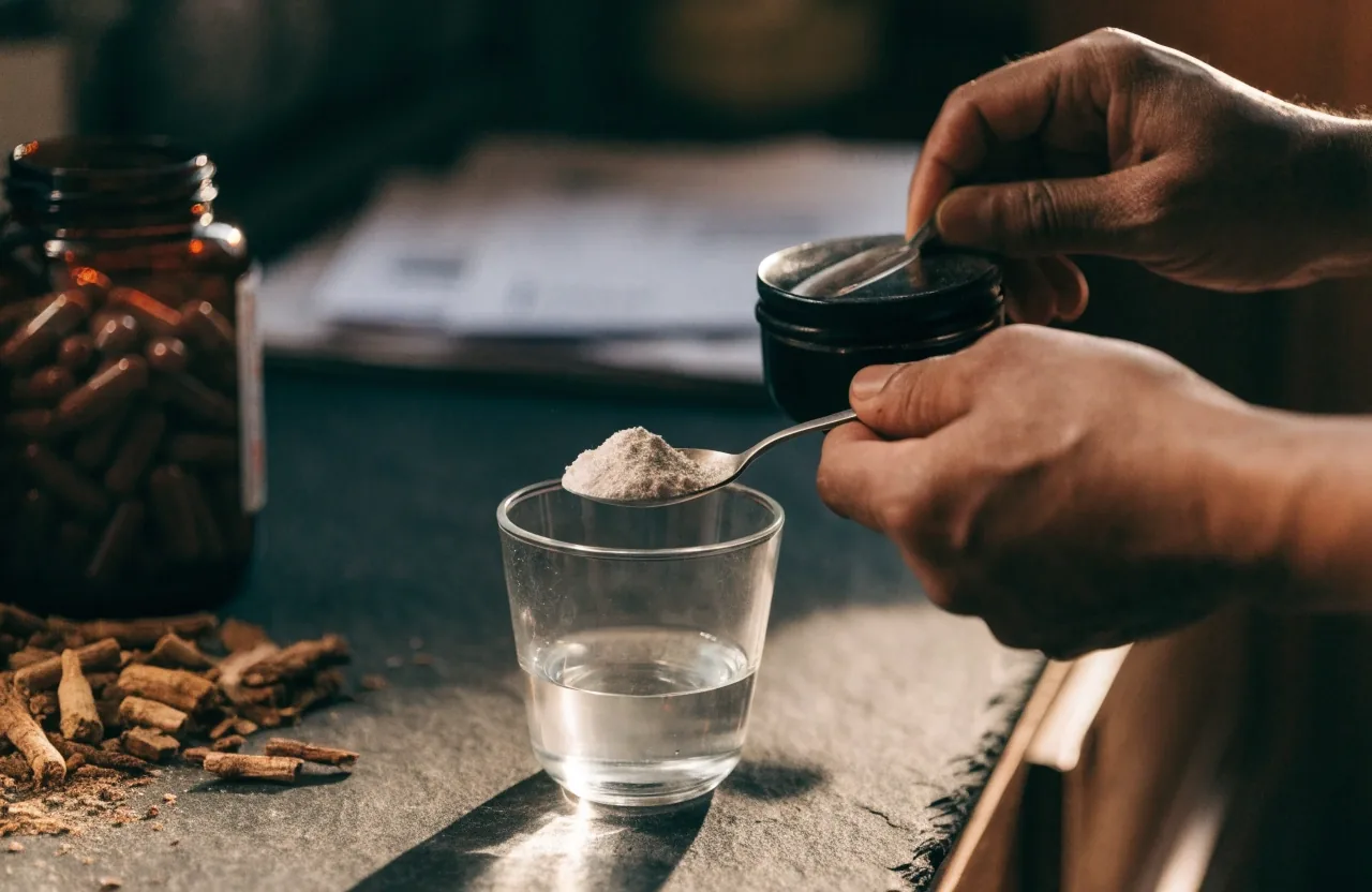 A shallow glass dish of dried botanical pieces beside a plain scoop of powder on a dark matte table