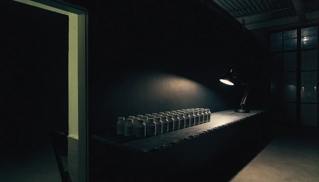 A row of unlabeled matte bottles in even order on a slate shelf under a warm lamp pool