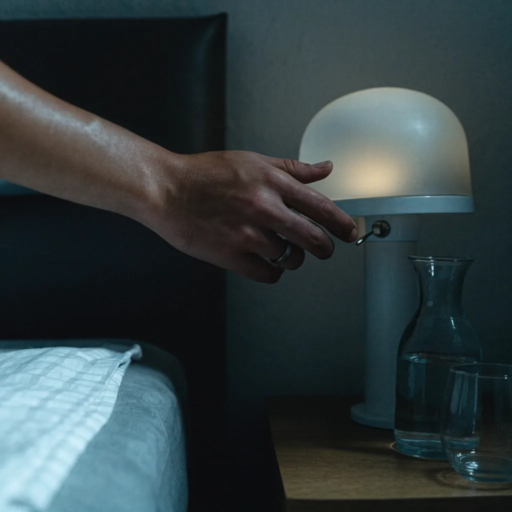 A quiet bedroom at night with a covered bed and a carafe of water on the bedside table
