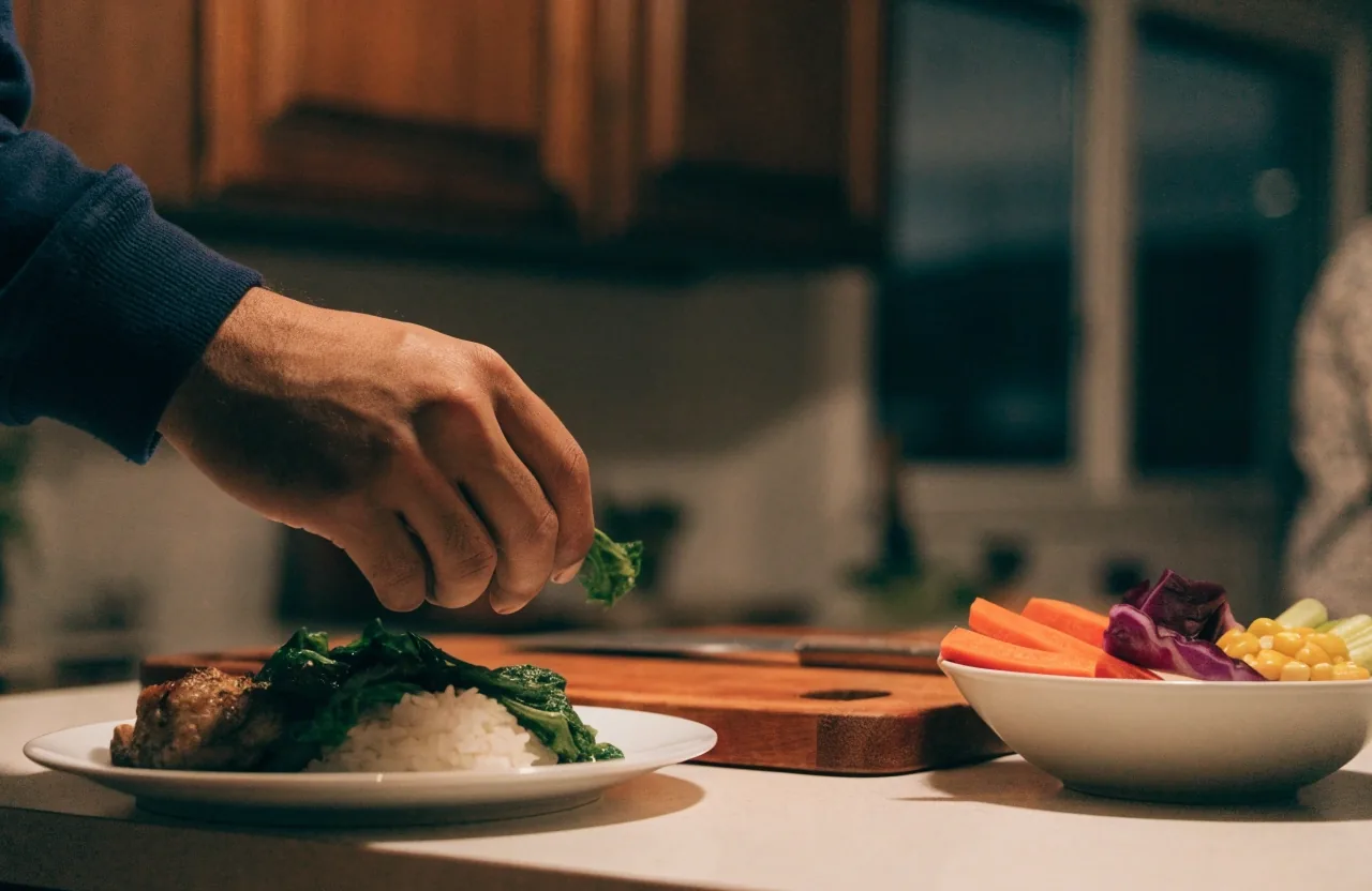 A home-cooked meal of rice, greens and protein on a kitchen counter