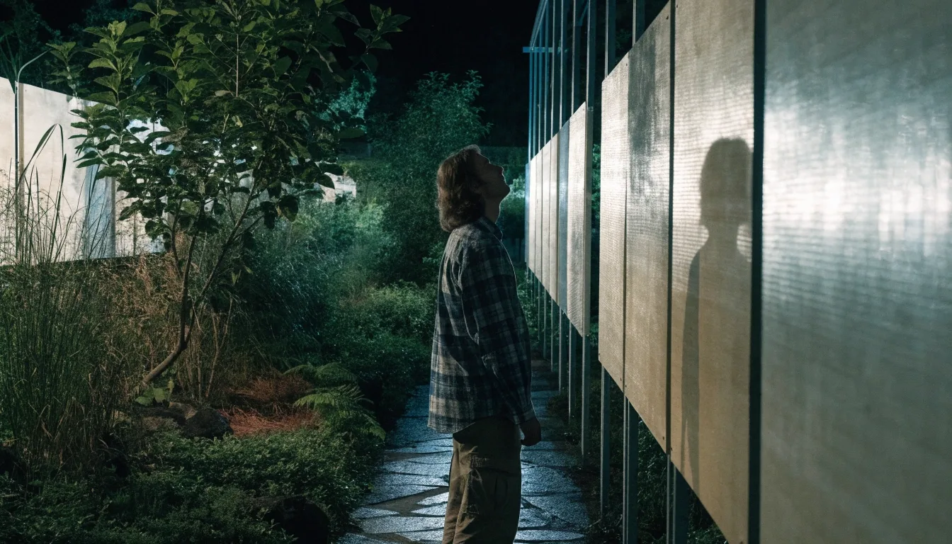 A dim garden corridor at night with matte boards mounted along a wall
