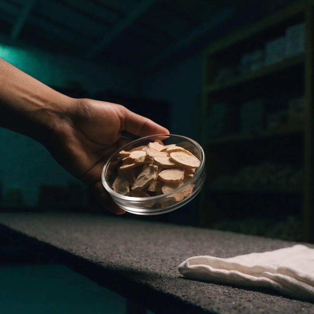 A hand holding a glass dish of dried botanical material above a matte board