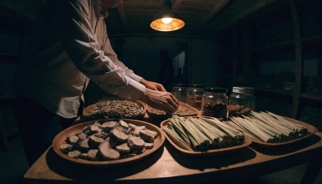 Dried botanical material arranged on a matte mounting board under a warm desk lamp