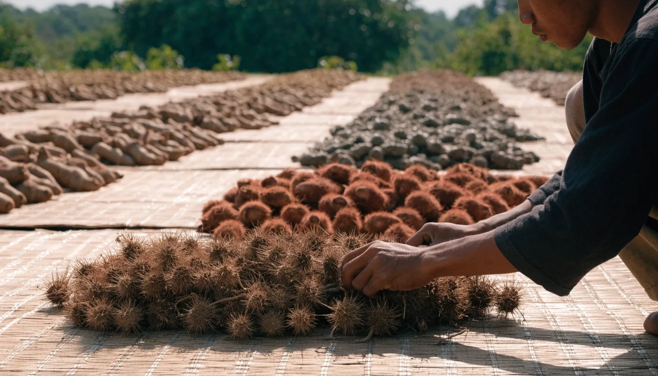 Dried botanical roots and fronds sorted into rows on a matte board