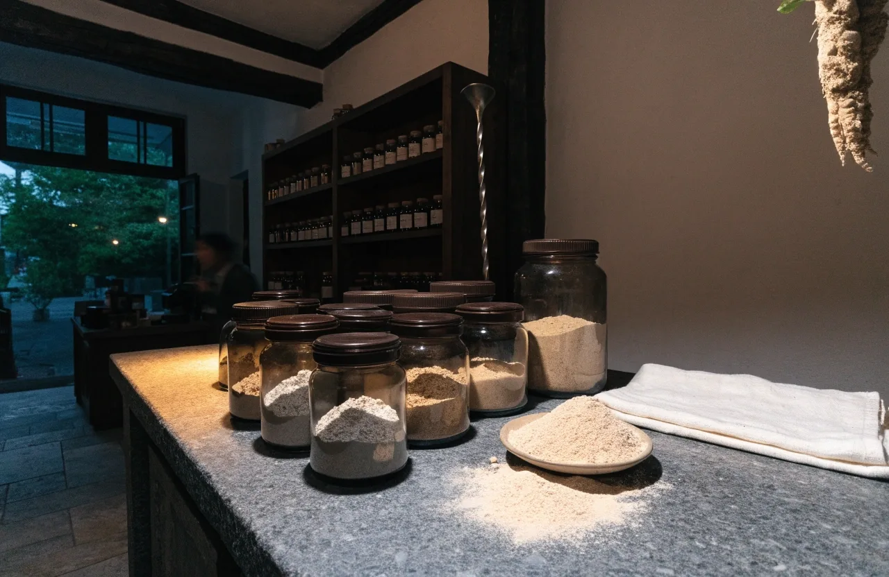 Unlabelled matte supplement containers and a dish of dried botanical material on a dark table