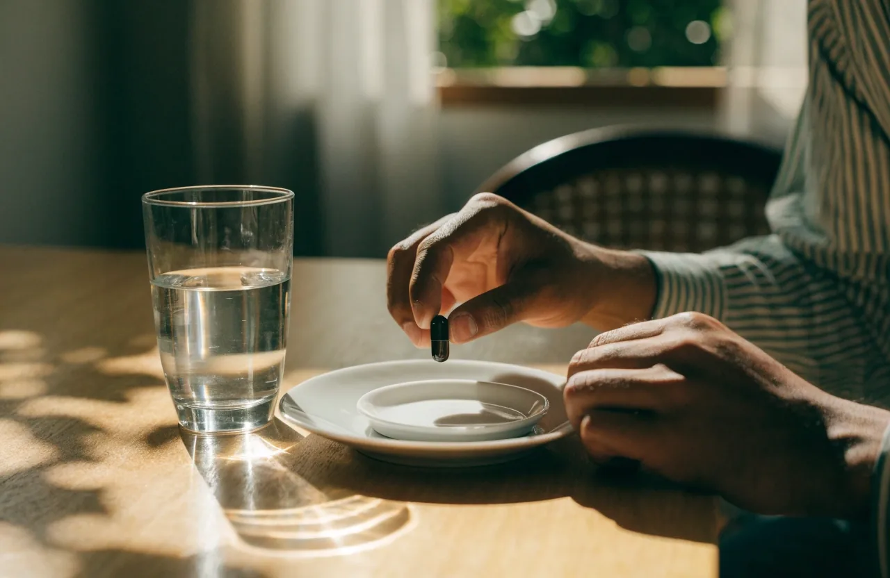 A glass of water and an open plain jar on a breakfast table with morning light and leaf shadows