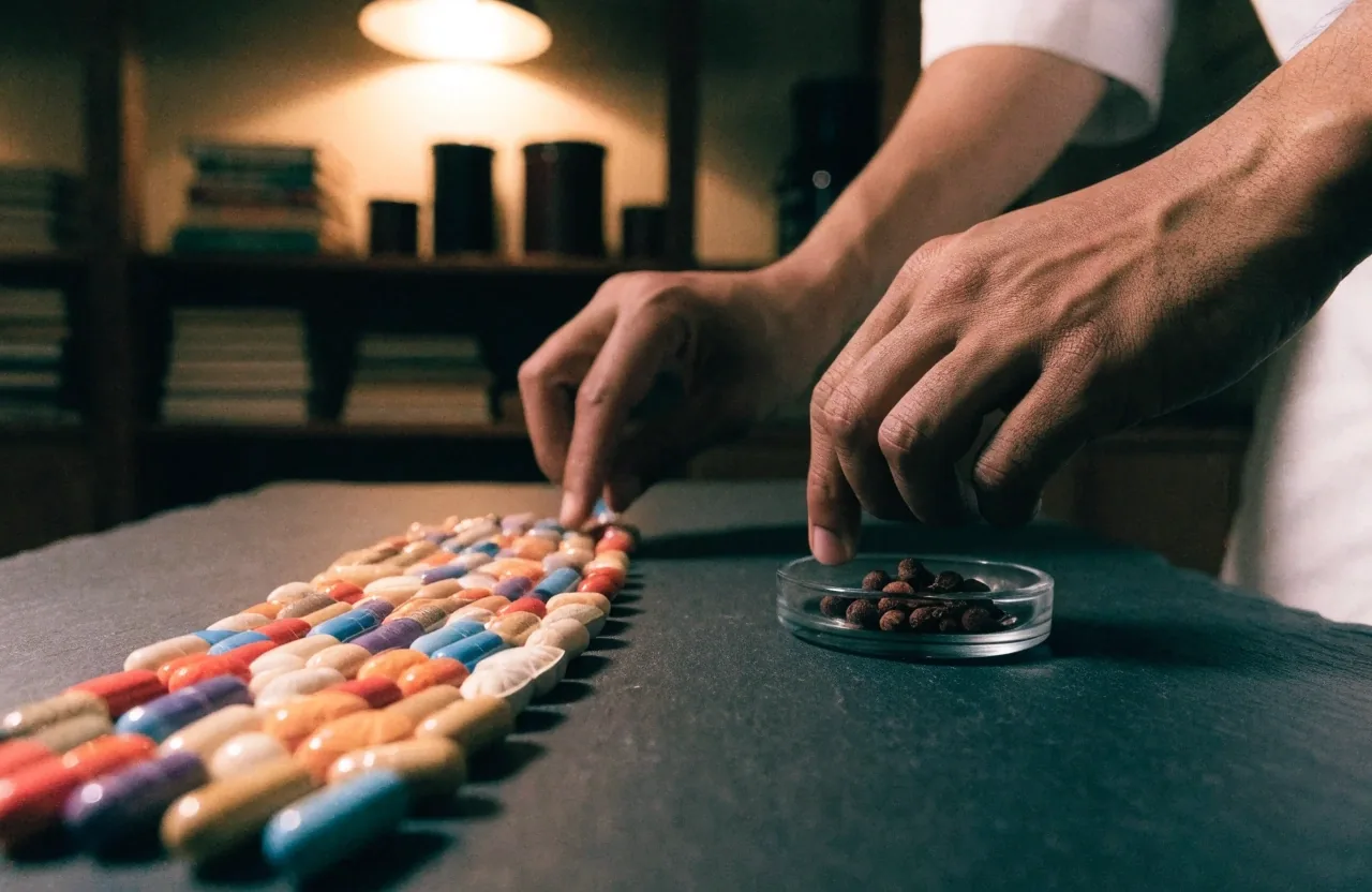 Two arrangements on a dark matte board comparing a wide spread of many nutrients with a single concentrated dish of saw palmetto berries