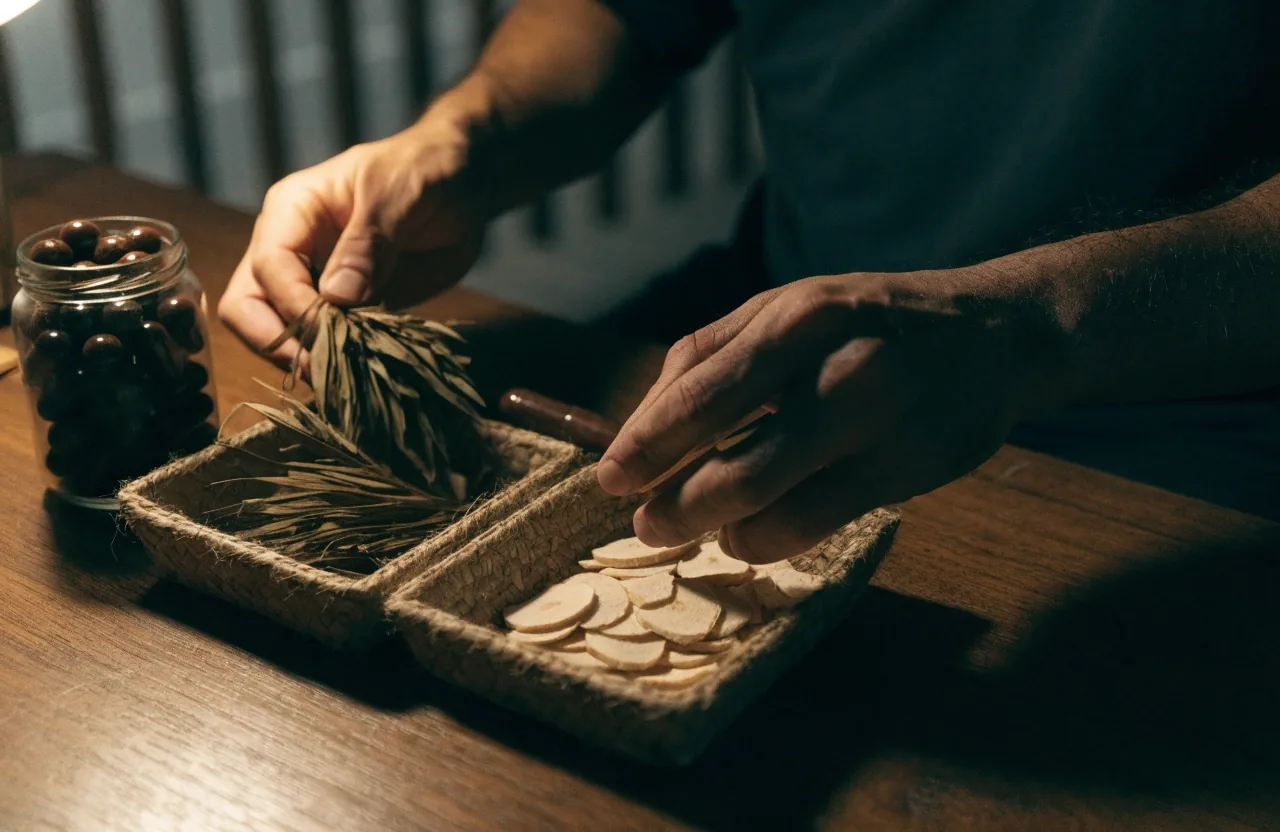 Dried saw palmetto frond and maca root segments arranged on a slate mounting board under warm light