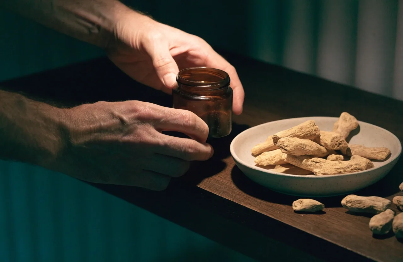 Hands lifting a small plain brown glass jar from a dark matte shelf under warm lamplight