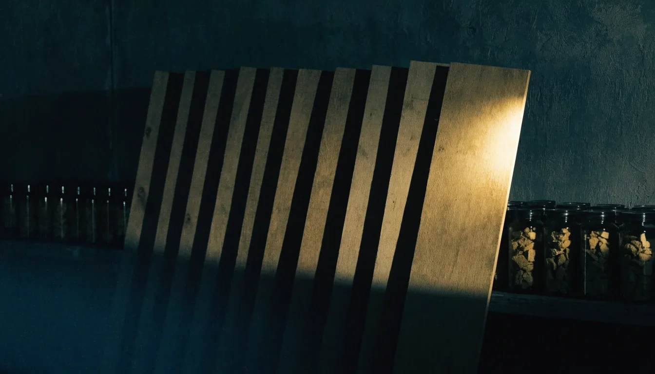 A dim wall at night with a row of blank matte mounting boards receding into the distance under one warm lamp
