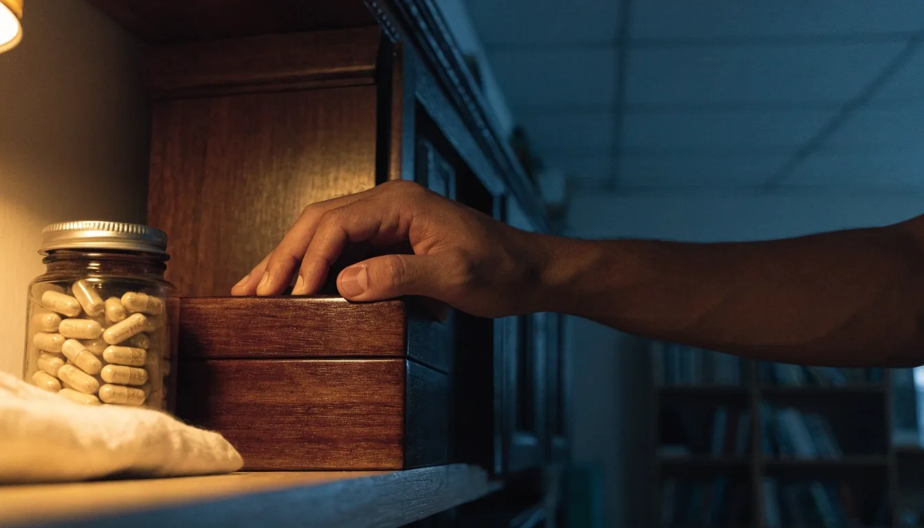A matte mounting board under a single warm desk-lamp pool, with a small glass tray of dried botanical material beside a folded cloth
