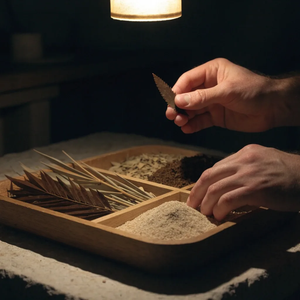 Hands sorting dried botanical material into a shallow divided tray on a matte board under a warm desk lamp