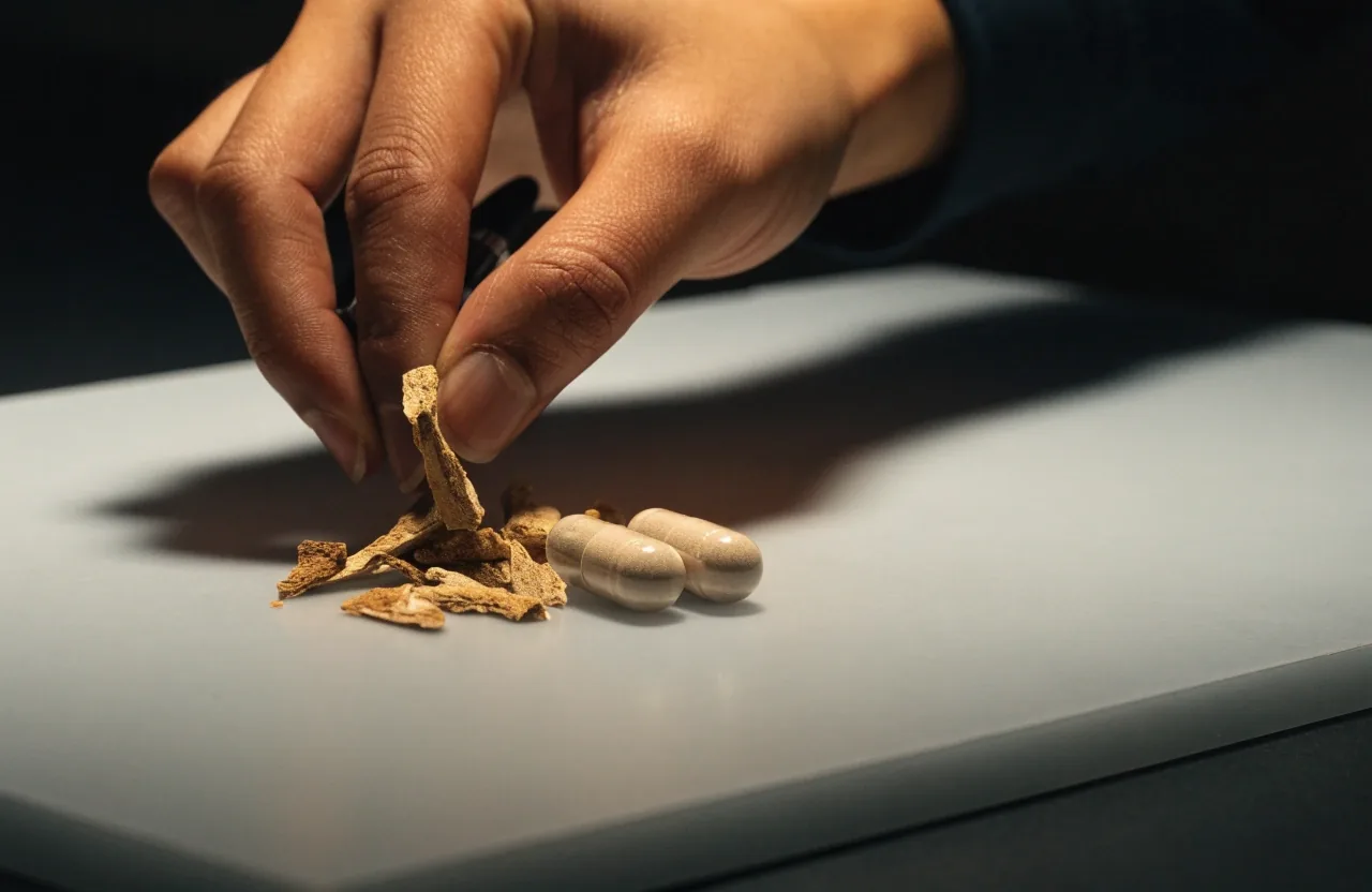 A dried botanical root and two natural capsules mounted on a pale grey sheet under warm light