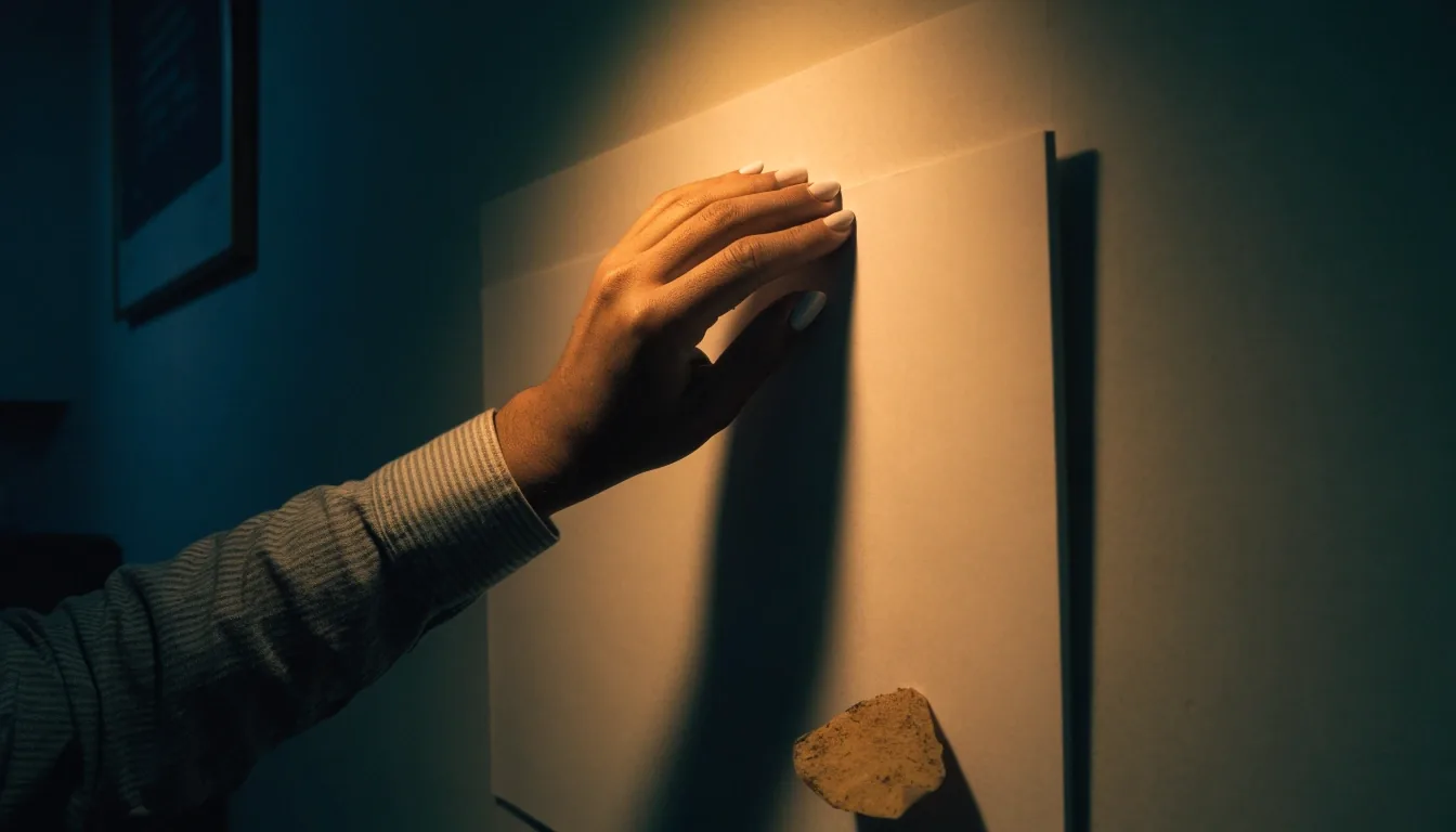 A dim wall lined with plain matte mounting boards, each holding a dried botanical cutting under warm light